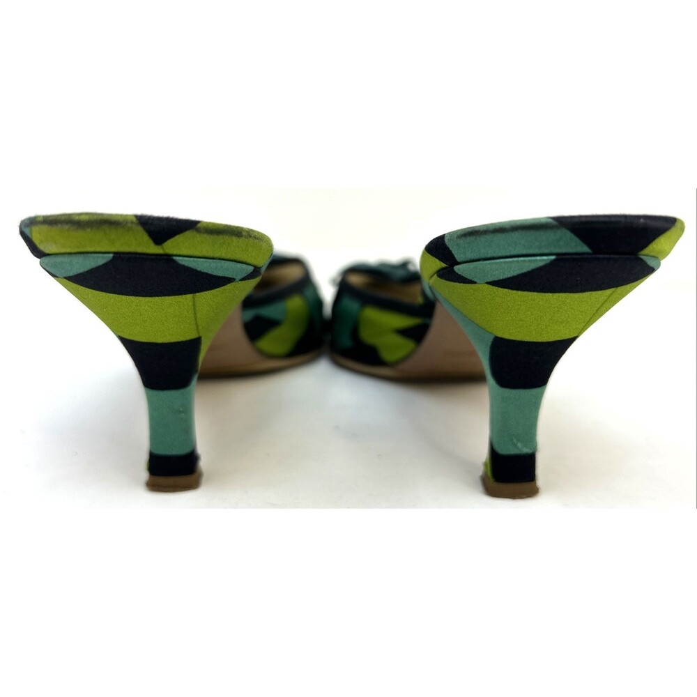 VTG Prada Mules Sz 35.5 Satin Geometric Blue Green Kitten Heels Bow Accent RARE! - Picture 4 of 15